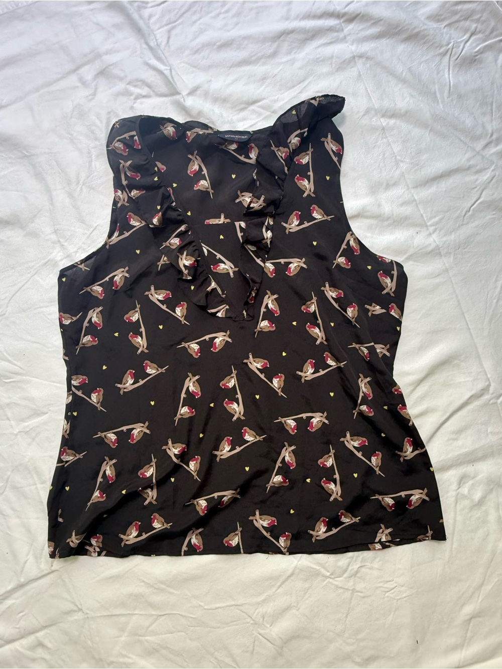 Banana Republic Black Sleeveless Ruffle V-Neck Top with Bird Motif